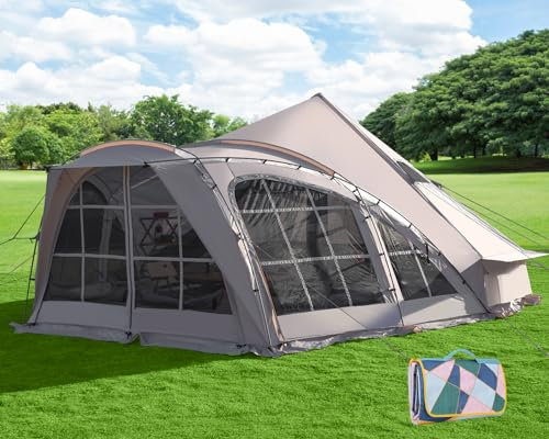 8-12 Personen Campingzelt mit Veranda, 2-Raum-Tunnelzelt mit geteiltem Vorhang für getrennten Raum, großes Familienzelt, Mesh-Fenster, Wasserdicht, geräumig- Ideal für Camping Party & Festival