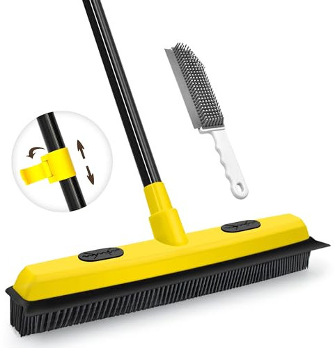 JEHONN Scopa in Silicone per Pavimenti, Spazzolone Gomma con Tergicristallo, Manico Lungo 134 cm per Pulizia di Tappeti Finestre Piastrelle Pavimenti in Legno Duro (Giallo)