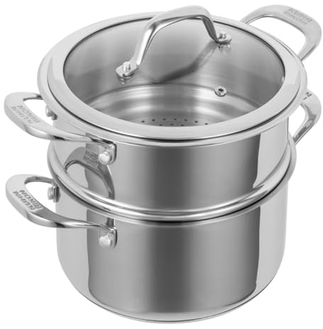 Kuhn Rikon 2-Tier Steamer Set 2.3L/18cm, Stainless Steel Casserole Pot | Vented Glass Lid, Induction Safe Cookware, Multi Tier Food Steamer, Oven Safe to 240 C, 18/10 Polished Steel - Allround