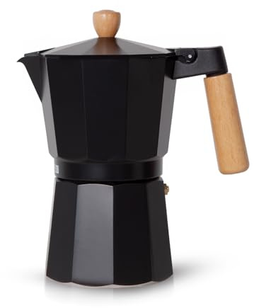 Royalford Italian Espresso Coffee Maker - Italian Style Stovetop Moka Pot with Safety Valve, Filter Included (9 Cups/450ML) - Traditional Coffee Maker with Wooden Handle & Knob, Aluminium, Black