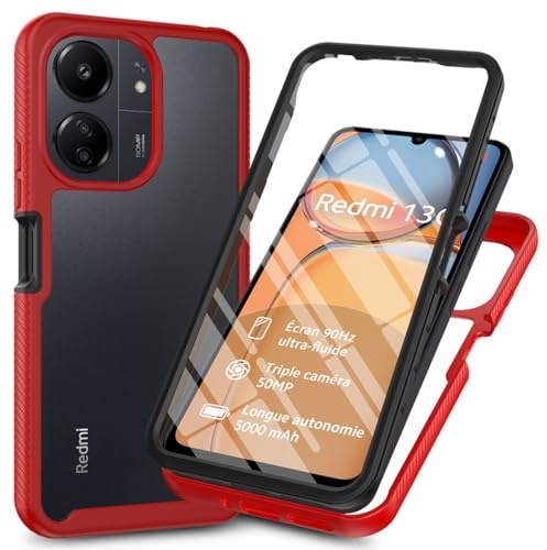 SEAHAI Transparente Funda para Xiaomi Redmi 13C 5G/4G/POCO C65, [Protector de Pantalla Incorporado] Estuche Antigolpes Militar Caso PC + TPU Bumper Silicona Anti-caída Carcasa - Rojo Oscuro