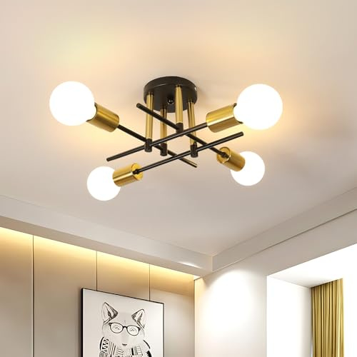 Pheashine Modern Chandeliers Ceiling Lights Living Room 4 Light E27 | Industrial Vintage Semi Flush Ceiling Lighting Fixture for Kitchen, Bedroom and Dining Room, Bulbs not included