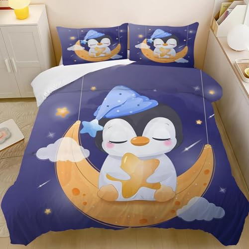 CYSYLQW Pinguin Bettwäsche 135x200 Kinderbettwäsche Pinguin für Jungen Mädchen Biber Bettwäsche Set mit 3D Drucken Pinguin Bettbezug Und Kissenbezug (140 x 210 cm,2)