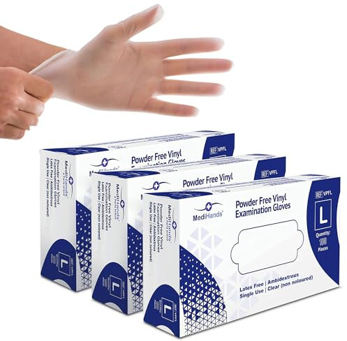 Farla Medical MediHands Clear Vinyl Gloves Large Disposable Surgical Gloves, Powder Free Latex Free & Protein Free, Food, Multi Use, Pack of 300