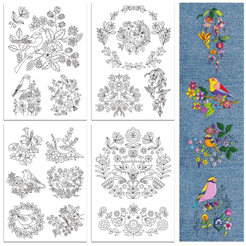 peacoblue Stickvorlagen Wasserlöslich für Anfänger 4 Sheet Vogel und Blume with 14pcs Muster, Wash Away Stick and Stitch Auflösbares Stickereipapier für Handnähbegeisterte Frauen Erwachsene | 4 Blatt Stickvorlagen mit 14 Stück, Aufbügelbare Stickhilfe zum Abwaschen für Handstickerei Anfänger und Kreative
