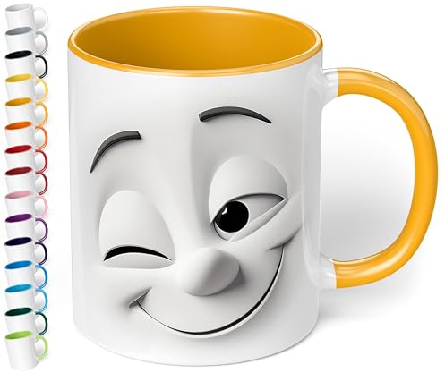 True Statements Emotion Büro Keramik-Tasse „Zwinkerndes Gesicht“ - 330ml Kaffeebecher - Face Mug - Geschenke für Kollegen (Goldgelb)