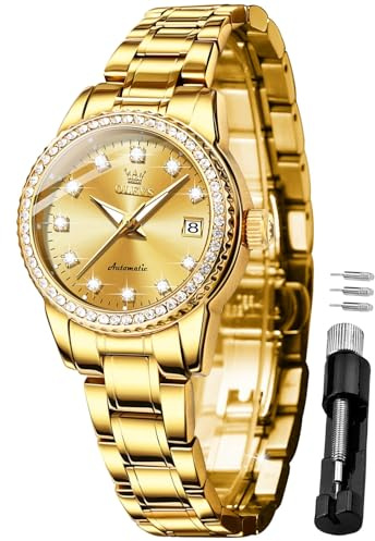 OLEVS Ladies Diamond Watches Automatic Mechanical Luxury Dress Classic Self Winding Stainless Steel Wrist Watch for Women