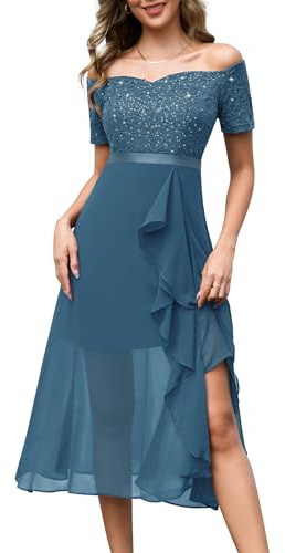 Berylove aftonklänning dam, lång glitter, cocktailklänning elegant för bröllop, off shoulder-klänning, balklänning, Gråblå, L