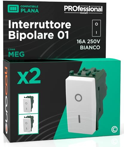 Interruptor bipolar de corriente 16 A 250 V I/O compatible con Vimar Plana empotrable de pared frutas eléctricas color blanco – Paquete de 2