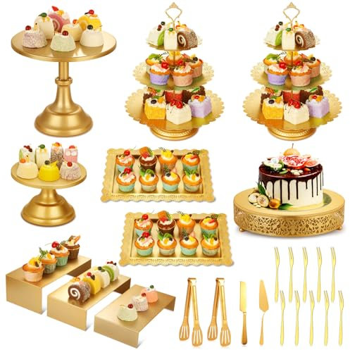 Audab Metal Gold Dessert Table Display Set Including Cake Stands, Cupcake Tower Stand, Dessert Tray, Risers Stands, Cake Cutting Set and Serving Tongs for Wedding, Birthday Party Decor