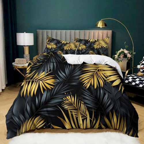 Parure de Lit Feuilles Jungle Tropicale avec 2 Taies d'oreiller, Housse de Couette en Microfibre Douce Feuilles Palmier pour Adultes Enfants 140x200 cm Parure de Lit 1 Personnes Décoration de Chambre