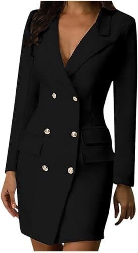 Vestido de Chaqueta para Mujer Elegante botón de Manga Larga Blazer de Color sólido Moda Oficina de Negocios Vestidos de Chaqueta con Doble Botonadura Delgados