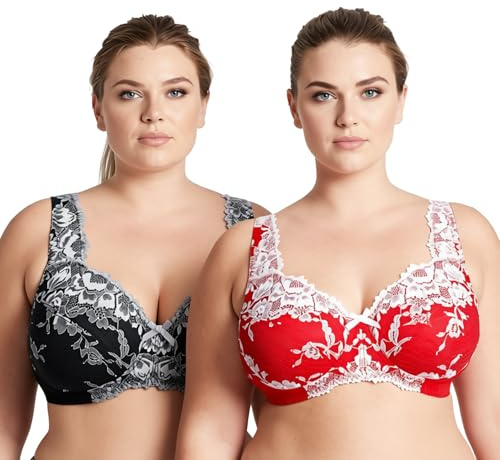 Curve Muse Sujetadores de Cobertura Completa de Encaje inalámbrico sin Forro para Mujer Talla Grande minimizador-Paquete de 2-Black,Red-95F-(EU:80F)