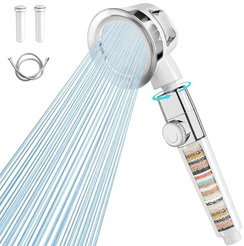 WELDUN Hard Water Filter Shower Head, Rotatable Shower Head with 20 Stage Filter, 1.5M Shower Hose, Bathroom Handheld Shower Heads with 3 Mode, Water Level Regulation Bottom, White