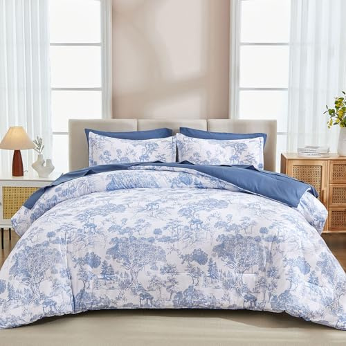 DJY Blue Comforter Set Full, 7 Pieces Full Size Flower Comforters with Sheets Elegant Plants Print Bed in a Bag Soft Microfiber Reversible Complete Bedding Sets for All Season