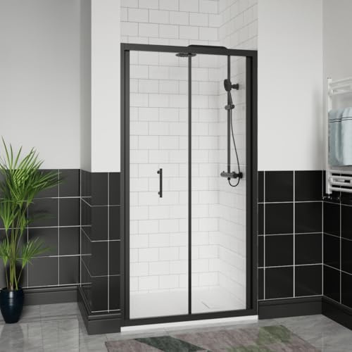 Aquariss 900x700mm Black Bifold Shower Door Enclosure with Shower Tray | Easy Clean Glass, Wall Adjustable, Reversible, Alloy hinge, Seal Strips, White SMC Anti Slip Shower Tray and 90mm Waste
