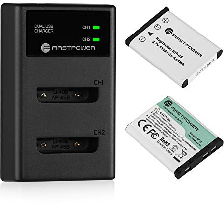 FirstPower NP-45/NP-45A/NP-45S EN-EL10 Li-40B Li-42B Battery (X2) and Dual Charger for Fujifilm INSTAX Mini 90 Nik EN-EL10 and FinePix XP140/130/120/90/80/70/60/30/20 T560 T550 T510 T500 T400 T360