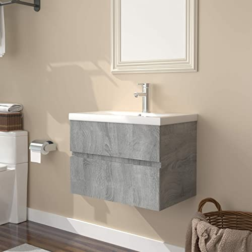 Gecheer Mobile da Bagno,Sospeso,Pensile,a Muro,Moderno,Senza Rubinetto e Scarico,con Lavabo Lavandino Integrato,in Legno Multistrato,Grigio Sonoma 60x38,5x45 cm