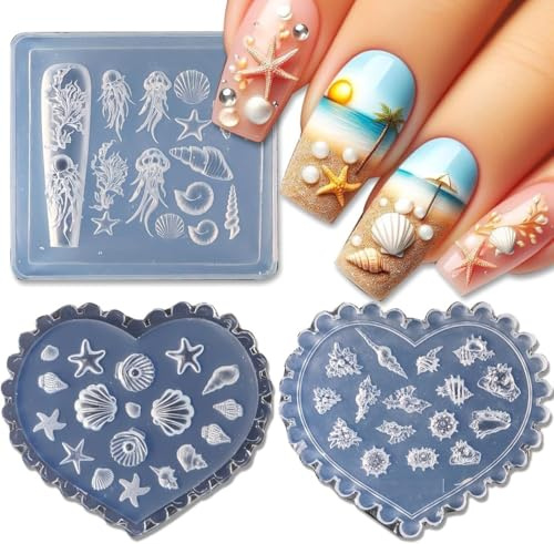 Lot de 3 moules à ongles en silicone 3D en forme d'étoile de mer sur le thème de l'océan, modèle de sculpture, outils de conception d'ongles de style plage d'été pour manucure et décoration