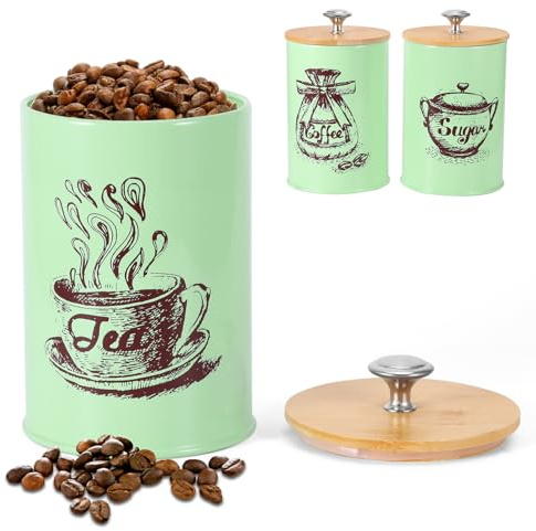 3Pcs tea coffee sugar canisters, Storage Cansiter Jars with Airtight Wooden Lids & Name Marker, 900ML Round Tea Canister Jar Kitchen Storage Canisters for Counter Storage Tea/Coffee/Sugar (Green)