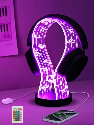 CoolGift Mart Licht auf Kopfhörerständer mit 16 Farben Lichter, Musiknotizen Muster Acryl Kopfhörerständer mit 1 USB und 1 Typ-C Ladeanschlüsse, Geschenke für Spieler Männer und Musikliebhaber