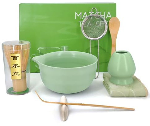 Lumanothy Matcha Set, 8-teiliges Matcha Besen Set mit Matcha Schale, Bambus Matcha Whisk, Besenhalter, Sieb, Löffel, Löffelhalter, Teelöffel, Teematte, Matcha-Kit für Matcha-Liebhaber (Mattgrün)