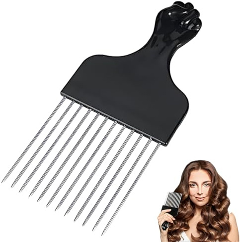 LACHT Peigne cheveux bouclés,1 pic à cheveux en métal pour cheveux bouclés, peigne afro démêlant perruque tressée, outil de coiffure unisexe noir et argenté en plastique et métal