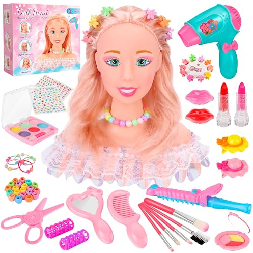 MOMOSTAR Testa Bambola da Truccare e Pettinare, 58 Pezzi Bambola Parrucchiere per Bambini, Testa da Pettinare Bambina con Accessori, Regalo Natale Compleanno 3 4 5 6 Anni