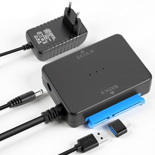 Adaptateur USB 3.0 vers Dual SATA avec Alimentation, 2 disques durs simultanés avec Transfert Direct, pour HDD/SSD 2,5 et 3,5, Adaptateur Disque Dur avec USB-A et USB-C pour clonage et Sauvegarde