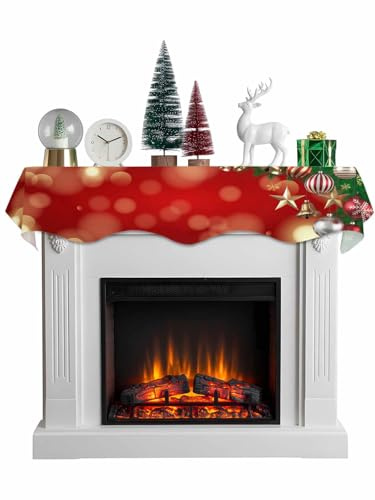 Merry Christmas Fireplace Scarf Mantle/Table Cloth Cover 60x17 Inch, Xmas Tree Balls Pine Needles Bells Indoor Winter Cloths Mantle Scarves Table Covers for Living Room, Window, Porch, Dressing Tables
