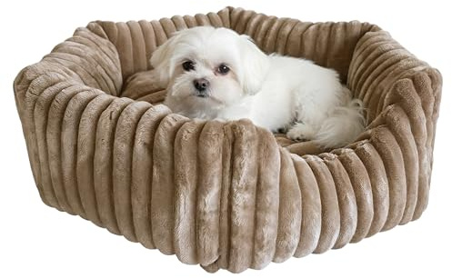 Extrasen Hundebett Sechseckig 64 cm - Breitcord - mit herausnehmbarem Kissen als Reisematte - Kuschelige Liegezone mit Thermo-Schutz - für kleine Hunde - Hundekissen Beige