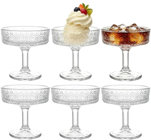 CEWROM Martinigläser, Set von 6 Vintage Glas Dessertschalen, Glasskålar för is och dessert, 300 ml, Dessertglas med fot, Glasskålar för servering, Cocktailglas med stjälk