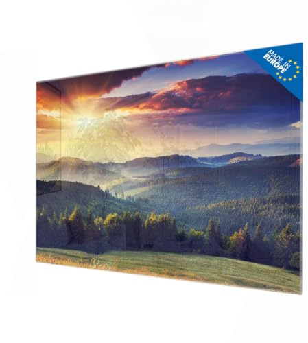 banjado Magnetpinnwand aus Glas in 75x50cm, beschreibbar mit Waldmotiv | Magnetische Glas-Pinnwand für Notizen und Bilder, mit Motiv Karpaten Sonnenuntergang im Waldstil