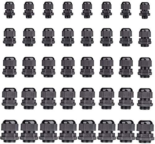  Yesallwas 40 Piezas Prensaestopa Impermeable, Bolatus Ajustable 3-15mm Nylon Conector Cable Glandula PG7, PG9, PG11, PG13.5, PG16 Prensaestopas con Contratuerca (Negro)