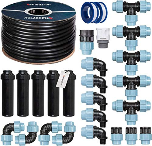 HOLZBRINK Kit de démarrage pour l’Irrigation du Gazon, système d’arrosage enterré de la pelouse : 50 m Tuyau LDPE 25 mm, 5X Arroseur Automatique Pop-up, HTB-11-5-50