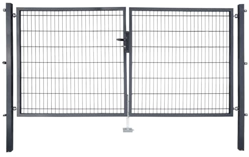 HORI Gartentor Einzel/Doppel-Flügeltor für Doppelstabmattenzaun – Komplettset inkl. Beschlagset, Zylinder & Schlüssel – verzinkt & pulverbeschichtet Farbe: Anthrazit - Größe: 1400 x 3000 mm (H x B)