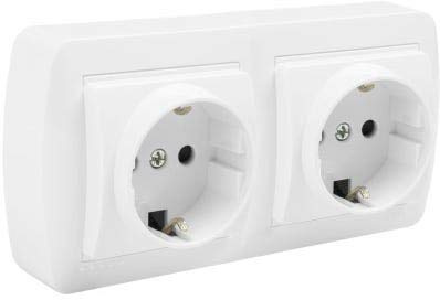 Schuko Doble Superficie • Enchufe doble de superficie • Toma corriente de pared • Blanco