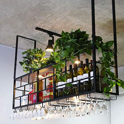 COLiJOL Portabottiglie da Vino a 2 Livelli Portabottiglie da Vino Sospeso a Testa in Giù con Luce e Portabicchieri Ripiani Galleggianti in Legno per Bar Cucina Club Rack,100 cm (39,4 Pollici),100 cm