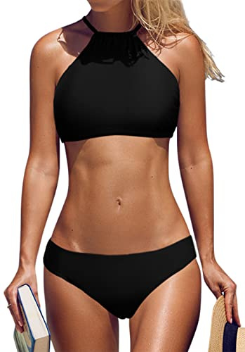 beautyin Women Black Halter High Neck Bikini Set Swimsuit Cross Back Swimwear
