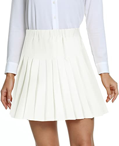 EXCHIC Donne College Stile Alta Vita Mini Pieghe Gonna Elastico Vita A-Line Scozzese Gonne con Breve Pantaloni(M, Bianco)