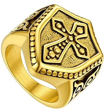 U7 Herren 18K Casual Tempelritter Kreuz Schild Ring Edelstahl Gotik Großer Ring Fingerring Statement Ring Hip Hop Punk Rock Männer Modeschmuck Accessoire(Ring Größe 59)