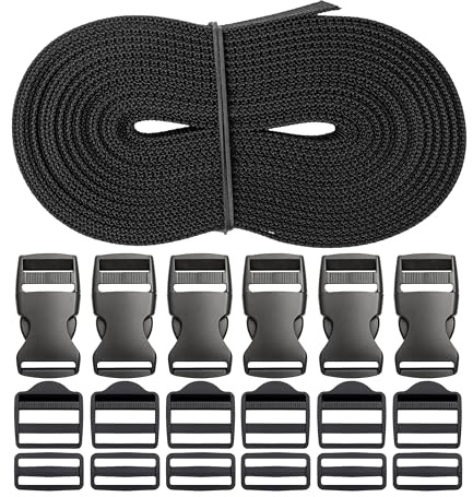 Gurtband Set mit 18 Schnallen, 6 Meter Länge, 15 mm Breite, in Schwarz, Gurt Band aus PET Material, Gurt Riemen Set mit je 6 x 15 mm Steckschnalle, Leiterschnalle, Stegschnalle, Taschengurt DIY Kit