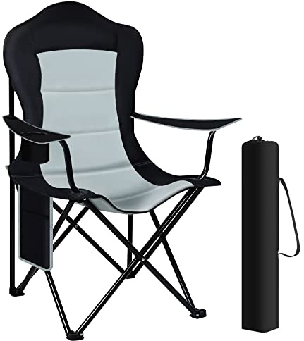 WOLTU Campingstuhl Faltbar, Leichter Angelstuhl mit Armlehnen, Becherhalter und Seitentasche, Für Outdoor Camping Angeln Garten, Schwarz+Hellgrau