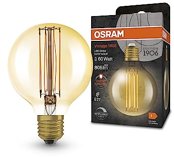 Osram Lampe à LED Vintage 1906 avec teinte dorée, 8,8 W, 806lm, forme à billes avec 80 mm de diamètre et prise E27, couleur de lumière blanche chaude, filament droit, dimmable de durée de vie