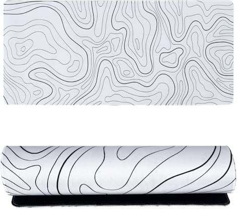 Nudiuhis Large Mouse Pad with Anti-Slip Base - Minimalist Topographic Map Desk Mat with Stitched Edges, 35.03 x 15.74 inch, White