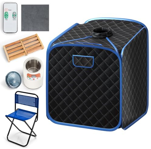 RELAX4LIFE Portable Steam Sauna, Folding Full Body Spa Sauna Tent with 9 Levels Temperature, Timer, 1000W Generator, Chair & Foot Massage Roller, Personal Slimming Detox Therapy Sauna Cabin (Black)