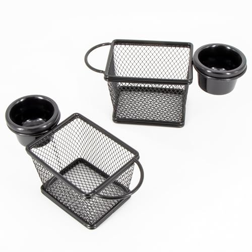 Kvota MINI Edelstahl Servierkorb 2-er Set Fingerfood Snack Pommes Servierkörbchen 10x8x6cm mit Saucenschale aus Melamin schwarz