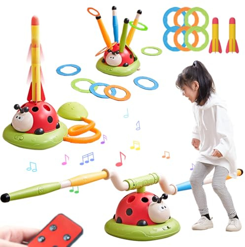 Pobaiyi 3 in 1 Musical Jump, Toss Ring Game and Stomping Launch Rocket Launcher for Kids Outdoor Toys with Remote Control, Indoor Outside Toy for Kids Ages 4-8 Toys for Ages 5-7 8-13 Birthday Gifts