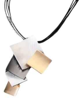 Graci8 Statement Necklace for Women, Silver & Gold Geometric Square Pendant, Waxed Leather Cord Waterfall Jewellery.