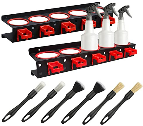 2-Pack Spray Bottle Holder, Wall-Mounted Organizer with Cleaning Brushes | Heavy-Duty Metal Rack for Auto Detailing Shop & Garage, Keeps Chemicals Neat & Accessible, Fits Most Standard 32oz Bottles
